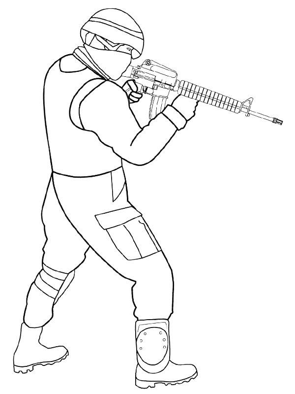 Ausmalbild Soldat mit einer Waffe  