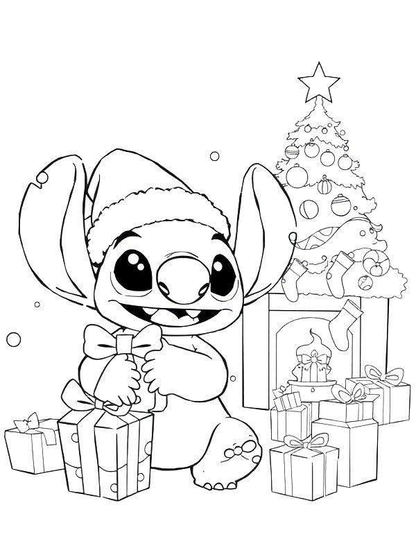 Ausmalbild Stitch mit Weihnachtsgeschenken  