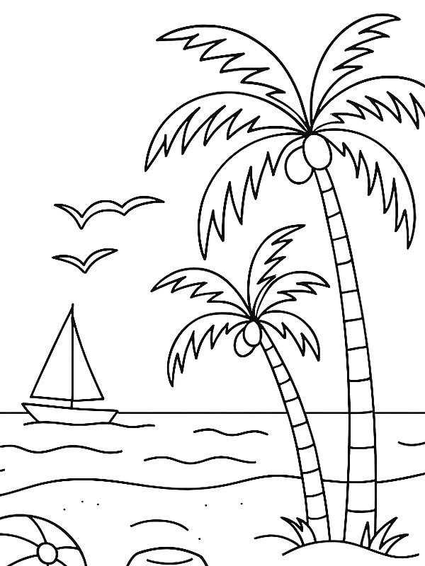 Ausmalbild Strand mit Palmen  