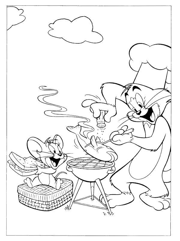 Ausmalbild Tom und Jerry grillen  