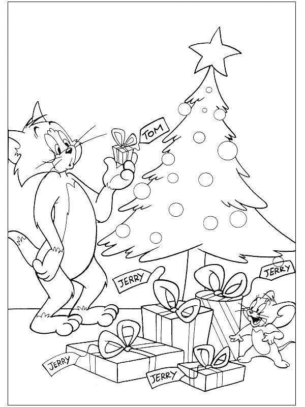 Ausmalbild Tom und Jerry vor dem Weihnachtsbaum  