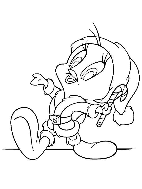 Ausmalbild Tweety mit Zuckerstange  