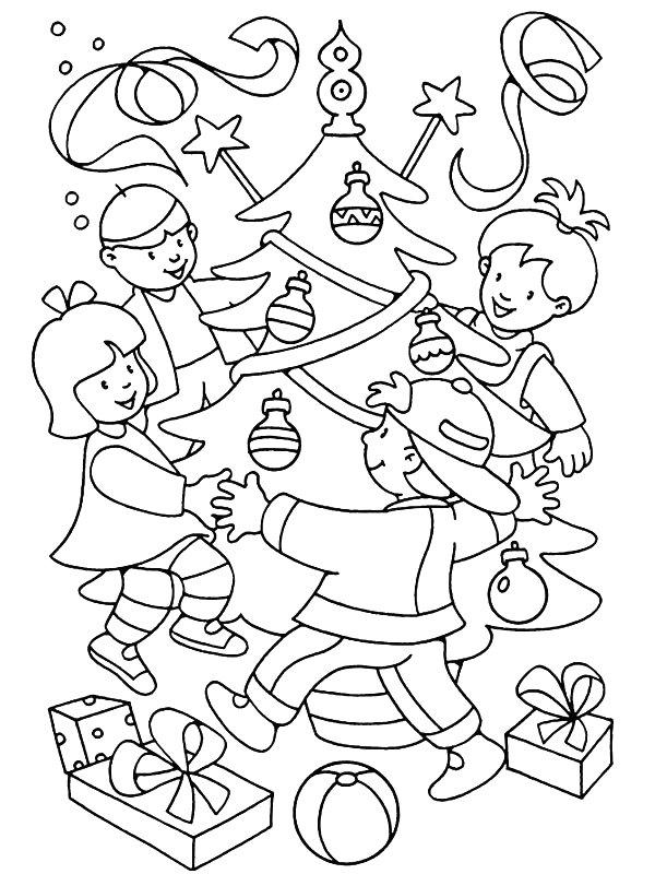Ausmalbild Um den Weihnachtsbaum herum tanzen  