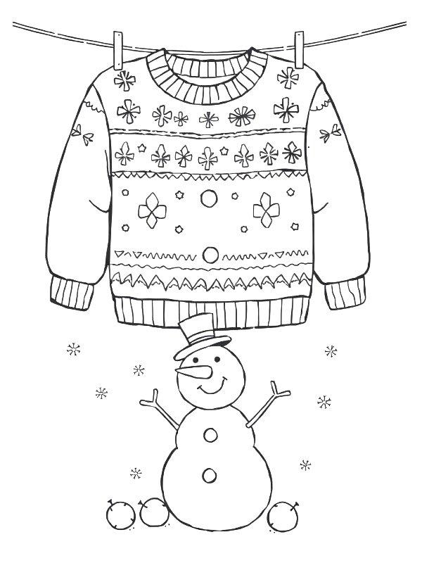 Ausmalbild Weihnachtspullover und Schneemann  