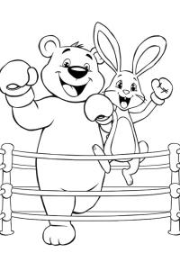 Ausmalbild Bär und Kaninchen im Boxring  