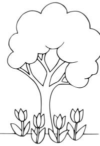 Ausmalbild Baum und Tulpen  