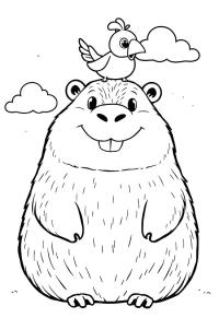 Ausmalbild Capybara mit einem Vogel auf dem Kopf  