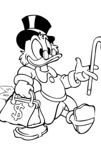 Ausmalbild Dagobert Duck mit einer Tasche voller Geld  