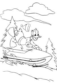 Ausmalbild Donald Duck auf dem Skidoo  