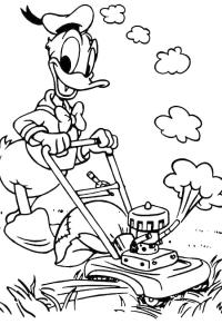 Ausmalbild Donald Duck schneidet Gras  