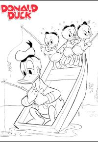 Ausmalbild Donald Duck, Tick, Trick und Track angeln  