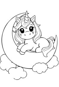 Ausmalbild Einhorn schläft auf dem Mond  