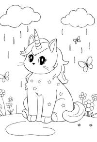 Ausmalbild Einhornkatze sitzt im Regen  