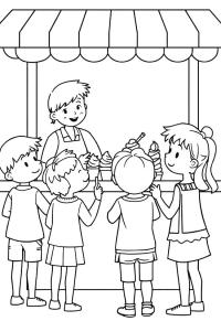 Ausmalbild Eiswagen mit Kindern  