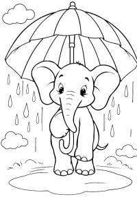 Ausmalbild Elefant hält einen Regenschirm im Regen fest  