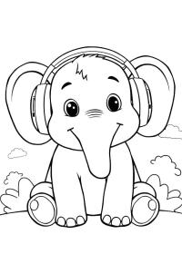 Ausmalbild Elefant mit Kopfhörern  