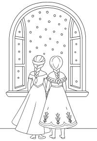 Ausmalbild Elsa und Anna beobachten den Schneefall  