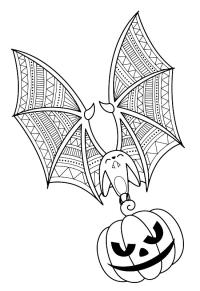Ausmalbild Halloween-Fledermaus fliegt mit einem Kürbis  