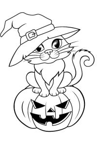 Ausmalbild Halloween-Katze in einem Hexenhut  