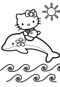 Ausmalbild Hello Kitty reitet einen Delphin  