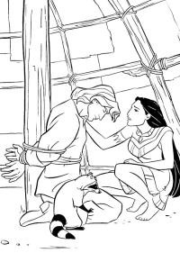 Ausmalbild John Smith, Pocahontas und Meeko  
