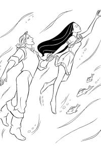 Ausmalbild John Smith und Pocahontas im Wasser  