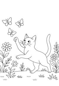 Ausmalbild Katze jagt Schmetterlinge  