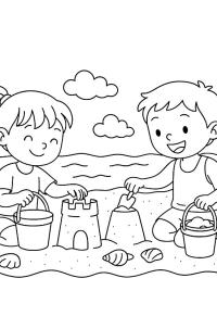 Ausmalbild Kinder spielen am Strand  
