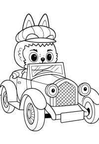 Ausmalbild Labubu in einem Auto  
