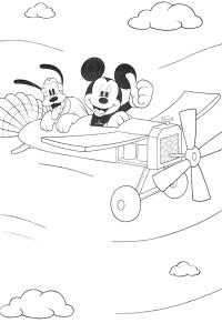 Ausmalbild Micky Maus und Pluto im Flugzeug  
