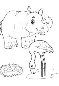 Ausmalbild Nashorn und Flamingo  