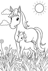 Ausmalbild Pferd mit Fohlen  