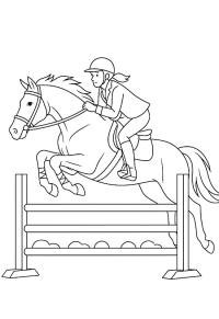 Ausmalbild Pferd und Reiter springen über einen Zaun  
