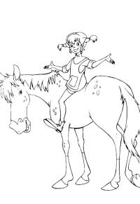 Ausmalbild Pippi sitzt auf dem Pferd  