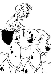 Ausmalbild Pongo und Perdita mit einem ihrer Welpen  