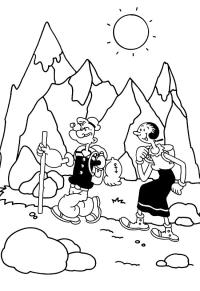 Ausmalbild Popeye und Olivia wandern durch die Berge  