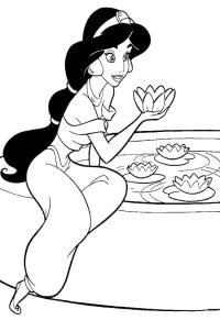 Ausmalbild Prinzessin Jasmin nimmt eine Seerose  