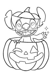 Ausmalbild Stitch in einem Halloween-Kürbis  