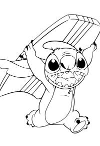 Ausmalbild Stitch mit einem Surfbrett  