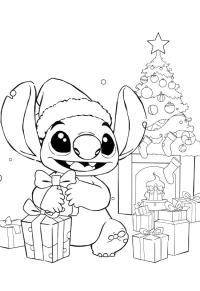 Ausmalbild Stitch mit Weihnachtsgeschenken  