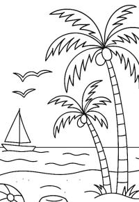Ausmalbild Strand mit Palmen  