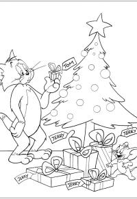 Ausmalbild Tom und Jerry vor dem Weihnachtsbaum  