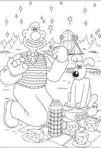 Ausmalbild Wallace und Gromit beim Picknick  