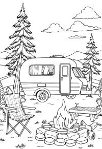 Ausmalbild Wohnwagen mit Lagerfeuer  